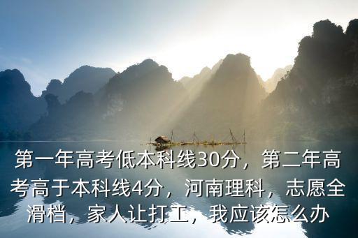 第一年高考低本科線30分，第二年高考高于本科線4分，河南理科，志愿全滑檔，家人讓打工，我應(yīng)該怎么辦