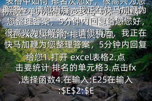 在 excel中如何 排名次$6鼠標(biāo)放在單元格右角變實(shí)心 時(shí)，下拉單元格， 排名就出來(lái)了在 excel表格中如何 排名次您好，很高興為您解答~，請(qǐng)您稍后，我正在快馬加鞭為您整理答案，5分鐘內(nèi)回復(fù)給您您好，很高興為您解答~，請(qǐng)您稍后，我正在快馬加鞭為您整理答案，5分鐘內(nèi)回復(fù)給您1.打開(kāi) excel表格2.點(diǎn)擊要統(tǒng)計(jì) 排名的單元格3.點(diǎn)擊fx,選擇函數(shù)4.在輸入:E25在輸入:$E$2:$E