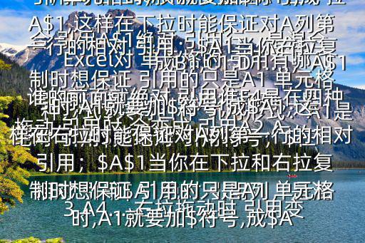 Excel對 單元格的 引用有哪幾種方式$共有四種 引用形式：A1是相對 引用$A1絕對 引用列，是混合 引用A$1絕對 引用行，是混合 引用$A$1絕對 引用行和列，是絕對 引用$是絕對 引用符號，$在誰的前面就絕對 引用誰F4是在四種 引用間相互轉換的快捷鍵A1在下拉拖動 引用時,會變成 引用A2,A3,A4...,右拉拖動時 引用變成B1,C1,D1....；A$1當你下拉復制時想保證 引用的只是A1 單元格時,A1就要加$符號,成A$1,這樣在下拉時能保證對A列第一行的相對 引用；$A1當你右拉復制時想保證 引用的只是A1 單元格時,A1就要加$符號,成$A1,這樣在右拉時能保證對A列第一行的相對 引用；$A$1當你在下拉和右拉復制時想保證 引用的只是A1 單元格時,A1就要加$符號,成$A