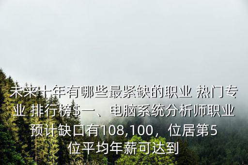 未來十年有哪些最緊缺的職業 熱門專業 排行榜$一、電腦系統分析師職業預計缺口有108,100，位居第5位平均年薪可達到